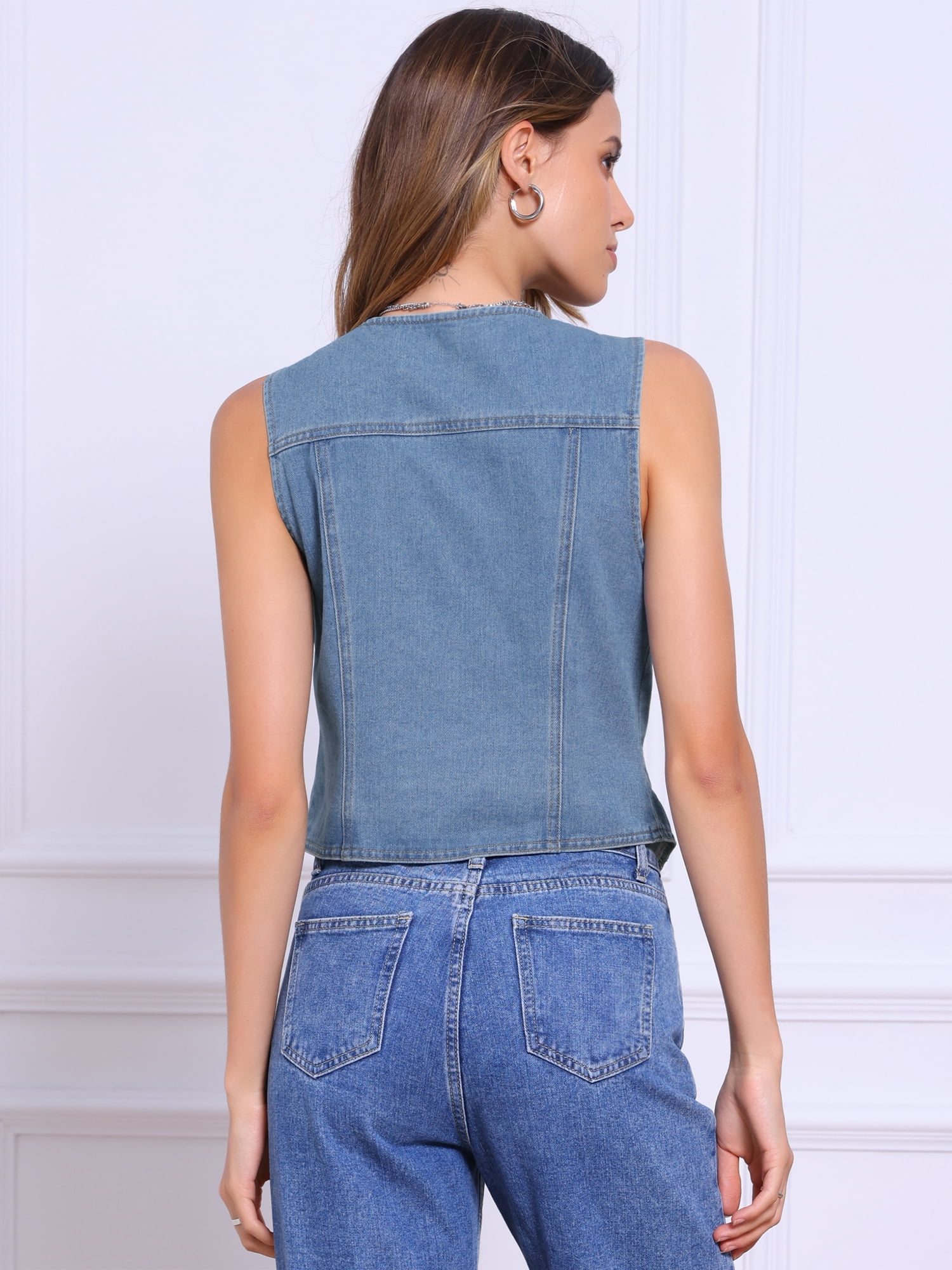 DARING DIVA Women's V Neck Western Waistcoat Sleeveless Jean Jacket XS Blue