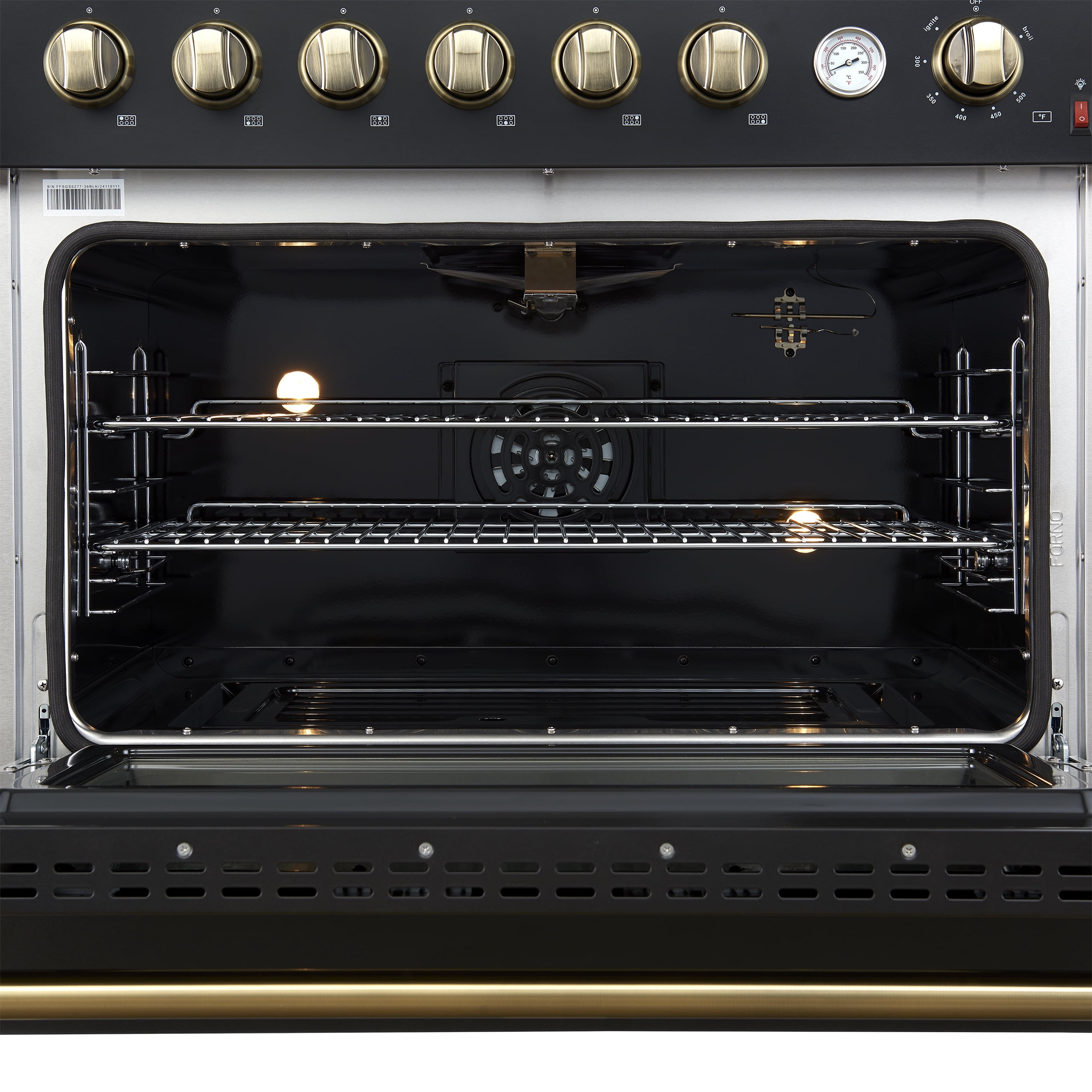 Marco 36-Inch Gas Range Black & Antique Brass Design, 6 Burners 67,000 BTU, 5.36 cu.ft. Convection Oven
