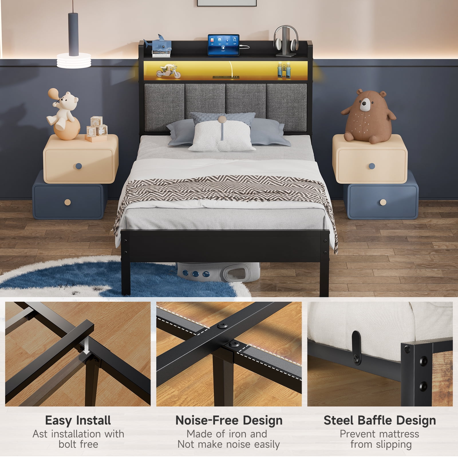 Z-hom Storage Metal Platform Bed Frames with LED Light, Twin