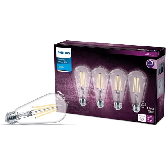 Philips LED 75W ST19 - Paquete de 4 bombillas LED clásico Edison en espiral (5000 K), 800 lúmenes (8,8 W = 75 W) regulables transparentes sin parpadeo