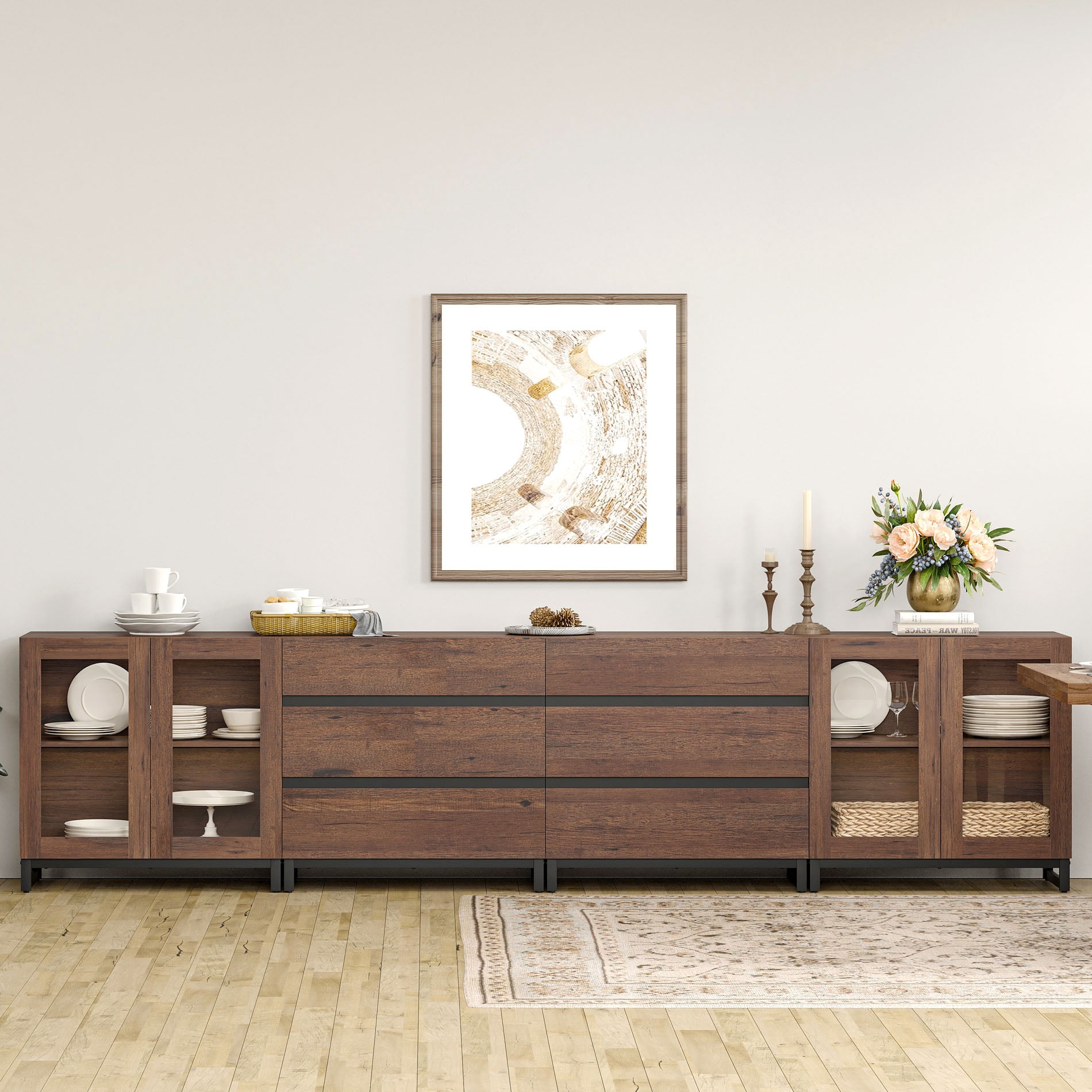 Multifunctional Coffee Bar Cabinet, 4-In-1 Storage Sideboard with Glass Doors, 6 Drawers and Adjustable Shelf, Sturdy Metal Base Buffet Cabinet for Kitchen Living Room,Brown