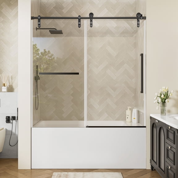 56-60" W x 60" H Fully Frameless Sliding Bathtub Door, 5/16" (8mm) Clear Tempered Glass, Stainless Steel Hardware, Black Finish