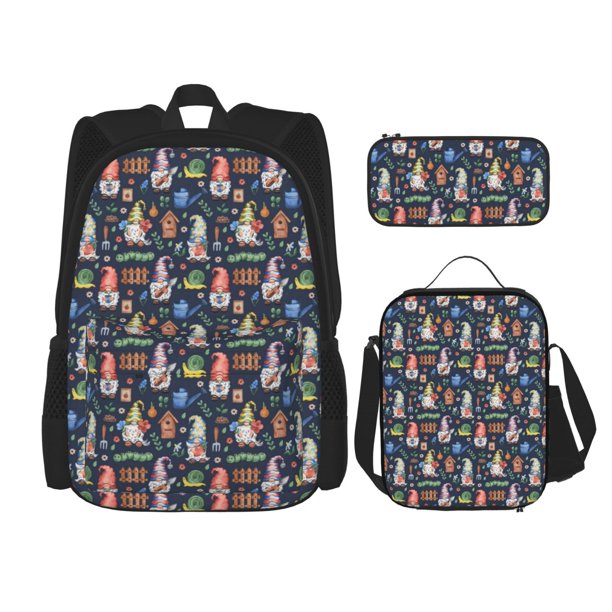 Easygdp Garden Gnomes Mochila para Niños y Niñas con Set de Caja de Almuerzo y Estuche para Lápices 3 en 1, Mochila Escolar Estampada para Adolescentes