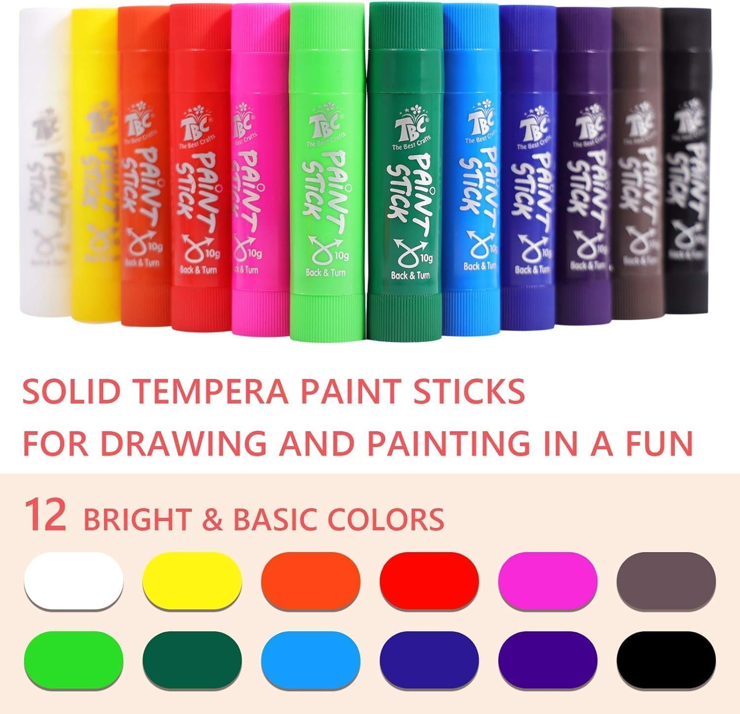 Paint Sticks,12 Classic Colors, Washable, Non-toxic, Tempera Sticks for Kids and Students