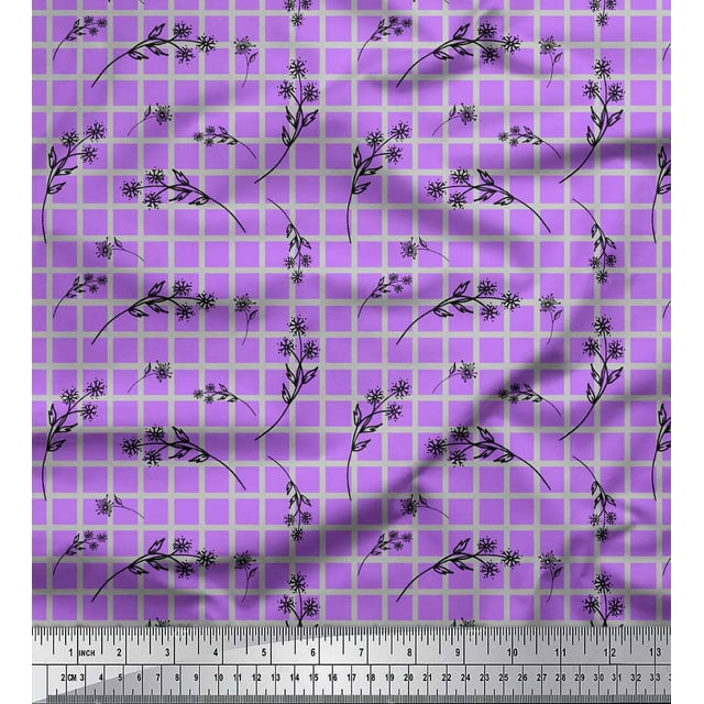 Soimoi Purple Poly Georgette Fabric Floral & Check Print Fabric by the Yard 42 Inch Wide