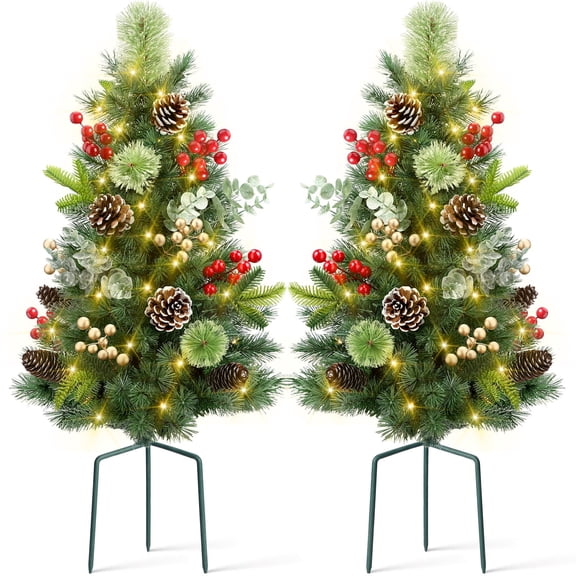 Ayieyill 2Pcs 29in Outdoor Pathway Christmas Trees, Holiday Decor for Driveway, Yard, Garden w/LED Lights, Berries, Pine Cones, Ornaments