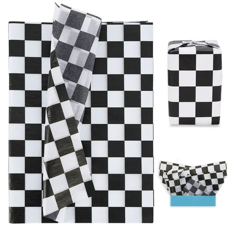 Whaline Checkered Tissue PresNok Paper White and Black Race Car Party Gift Wrapping Paper Plaids Art Paper for Birthday Party Decorations, 14x20 inch, 100 pcs