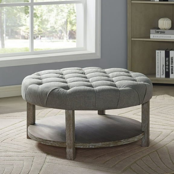 Furniture of America Button Round Coffee Ottoman, Light Gray