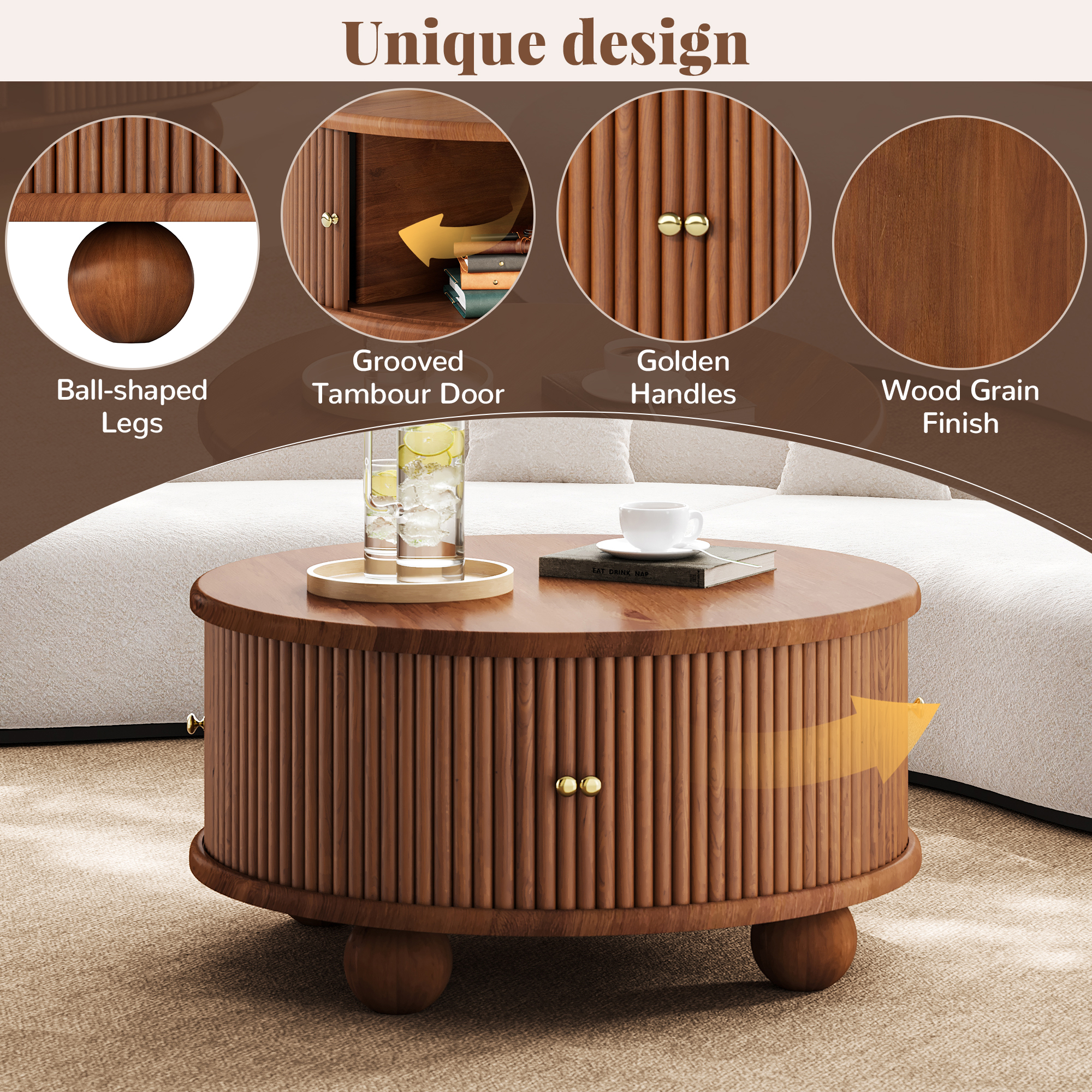 Euroco Round Fluted Coffee Table with Storage, Sliding Door, Walnut, 31.8"