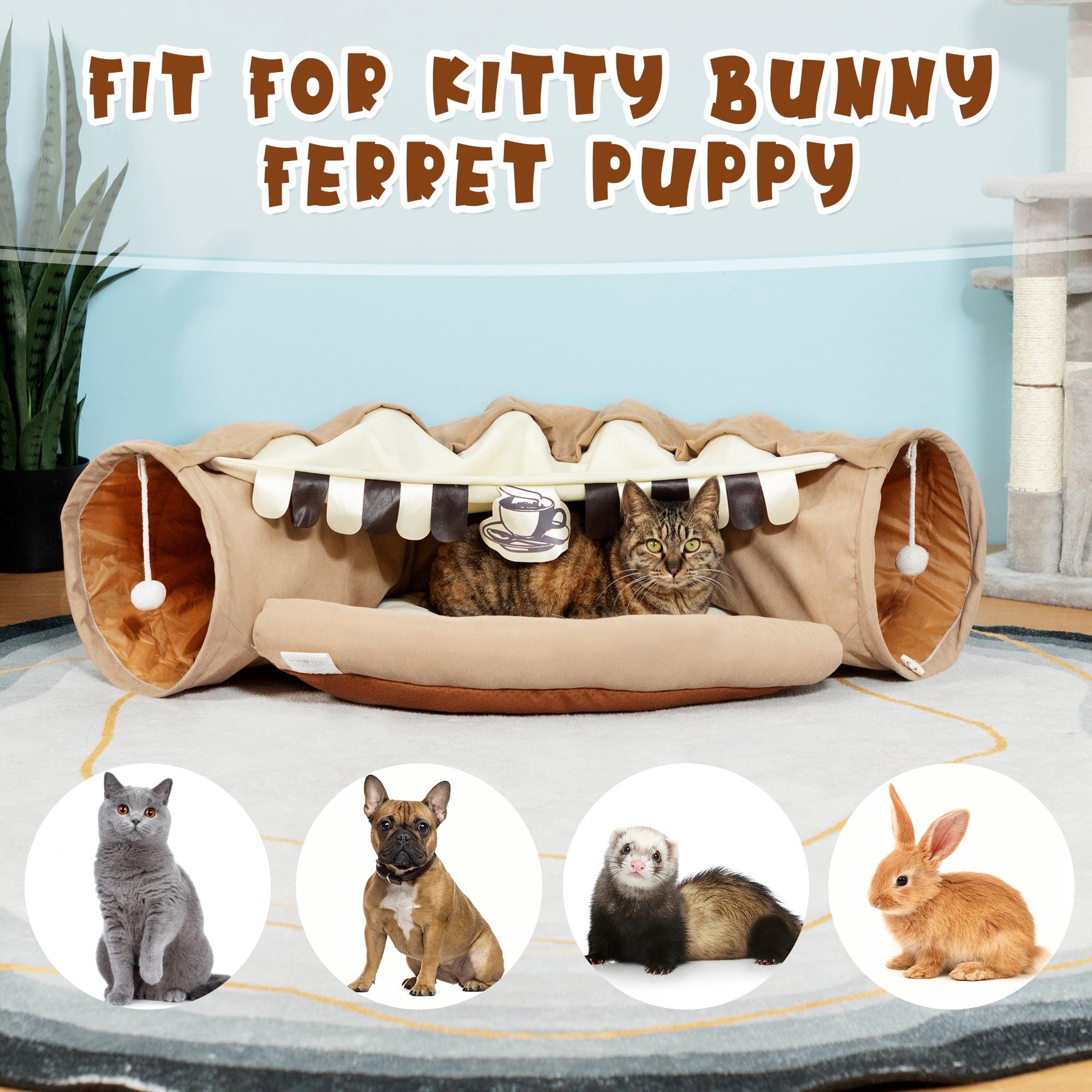 COZIWOW 2-in-1 Cat Tunnel Bed, Cat Tube with Collapsible Washable Mat for Indoor Cats, Coffee
