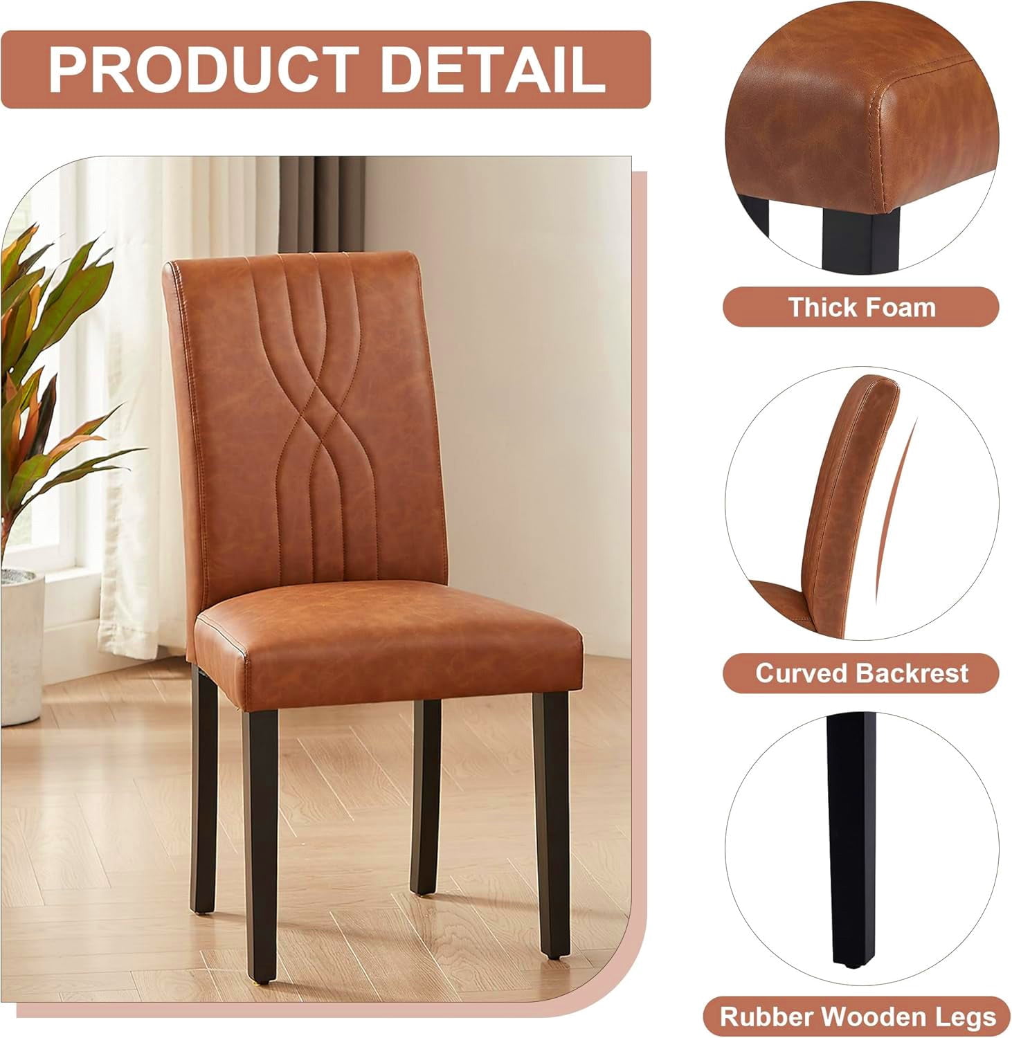 VECELO Upholstered Dining Chairs, Modern PU Leather High Back Chair with Wood Legs for Kitchen, Living Room, Set of 6, Brown