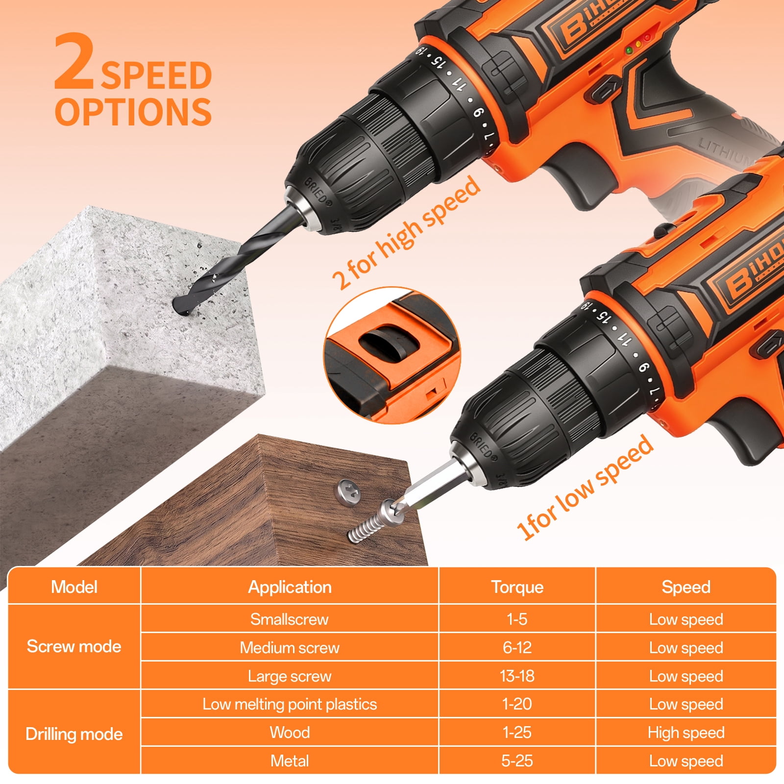 12V Cordless Drill Driver Set,43pcs 3/8"Keyless Chuck Battery Drill Bits Kit,2 Variable Speed for Home DIY Work,Orange