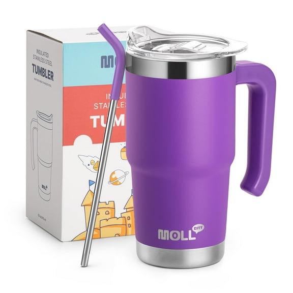 Insulated Stainless Steel Tumbler 16 oz - With Handle, Lid, Straw - BPA Free Travel Cup (Purple)