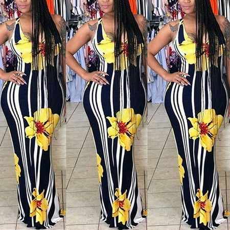 Plus Size Bodycon Dresses 4x Women Summer Bodycon Dress Sleeveless Bandage Strenchy Stand Collar Plus Size Yellow Floral Size 2XL ()