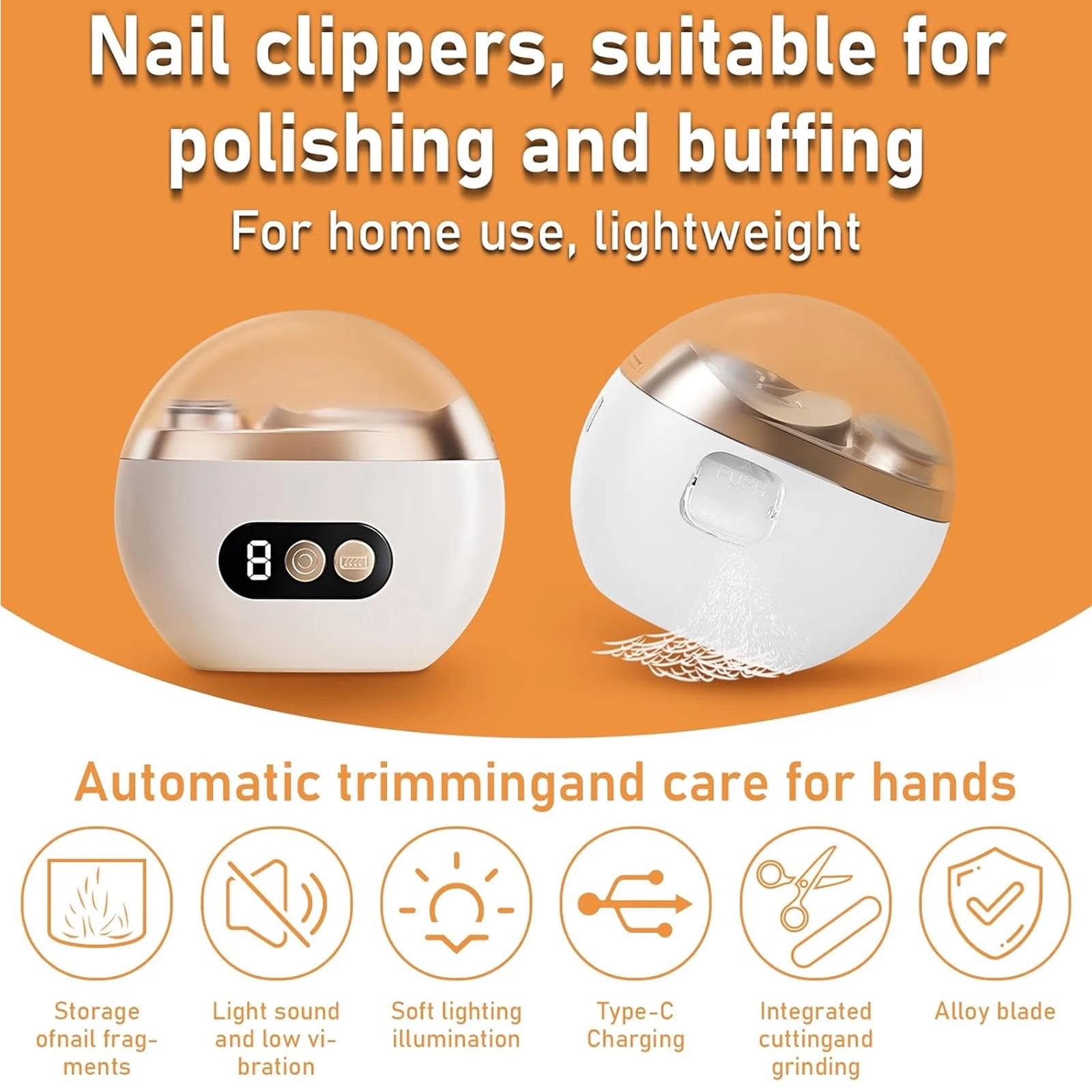 2 in 1 Electric Nail Clippers with Nail Scraps Storage LED Light, Trimming and Sanding in One, Low Noise 3 Speed Levels Rechargeable for Women Men Senior Kids Home Travel Gift for Festival (White)