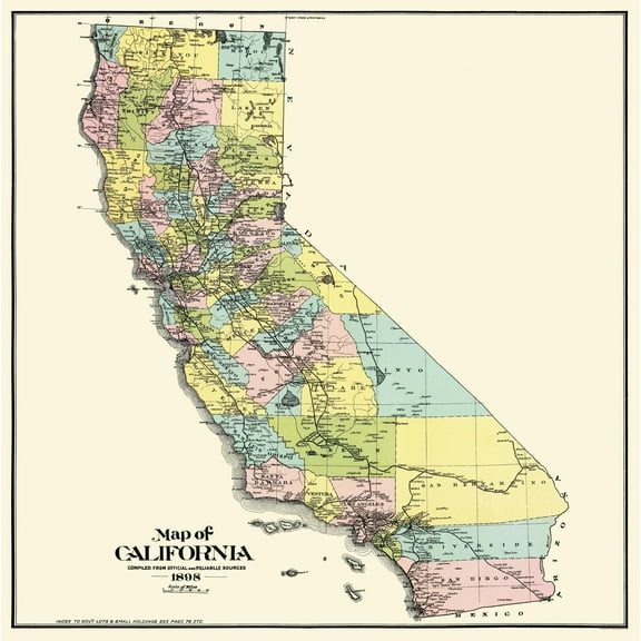Historic State Map - California - Thompson 1898 - Vintage Wall Art