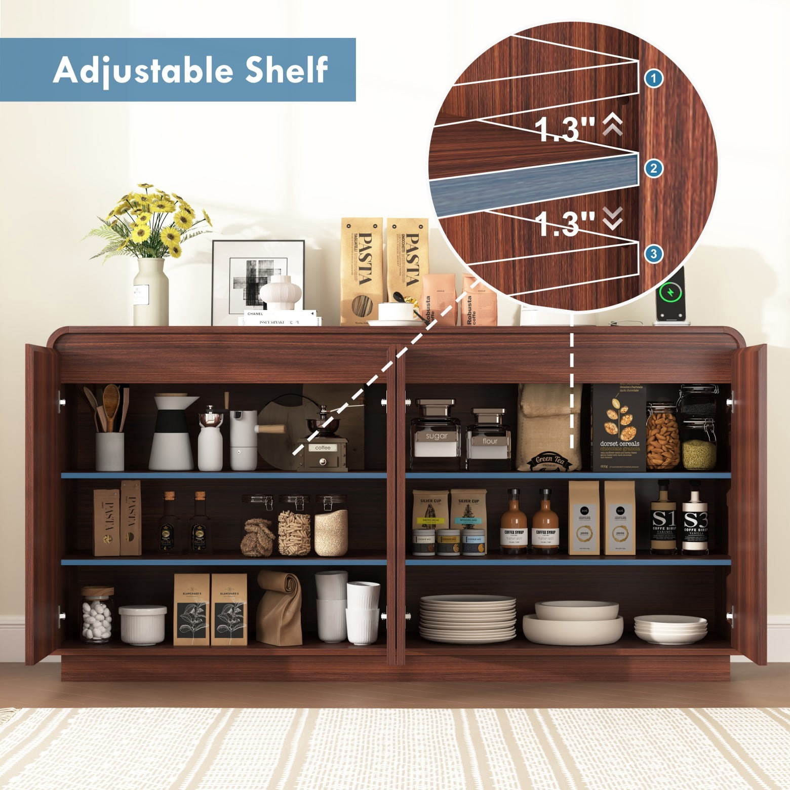 59" Walnut Fluted TV Stand with Power Outlet, Modern Handleless Media Console with Adjustable Storage, Entertainment Center for Living Room, Walnut