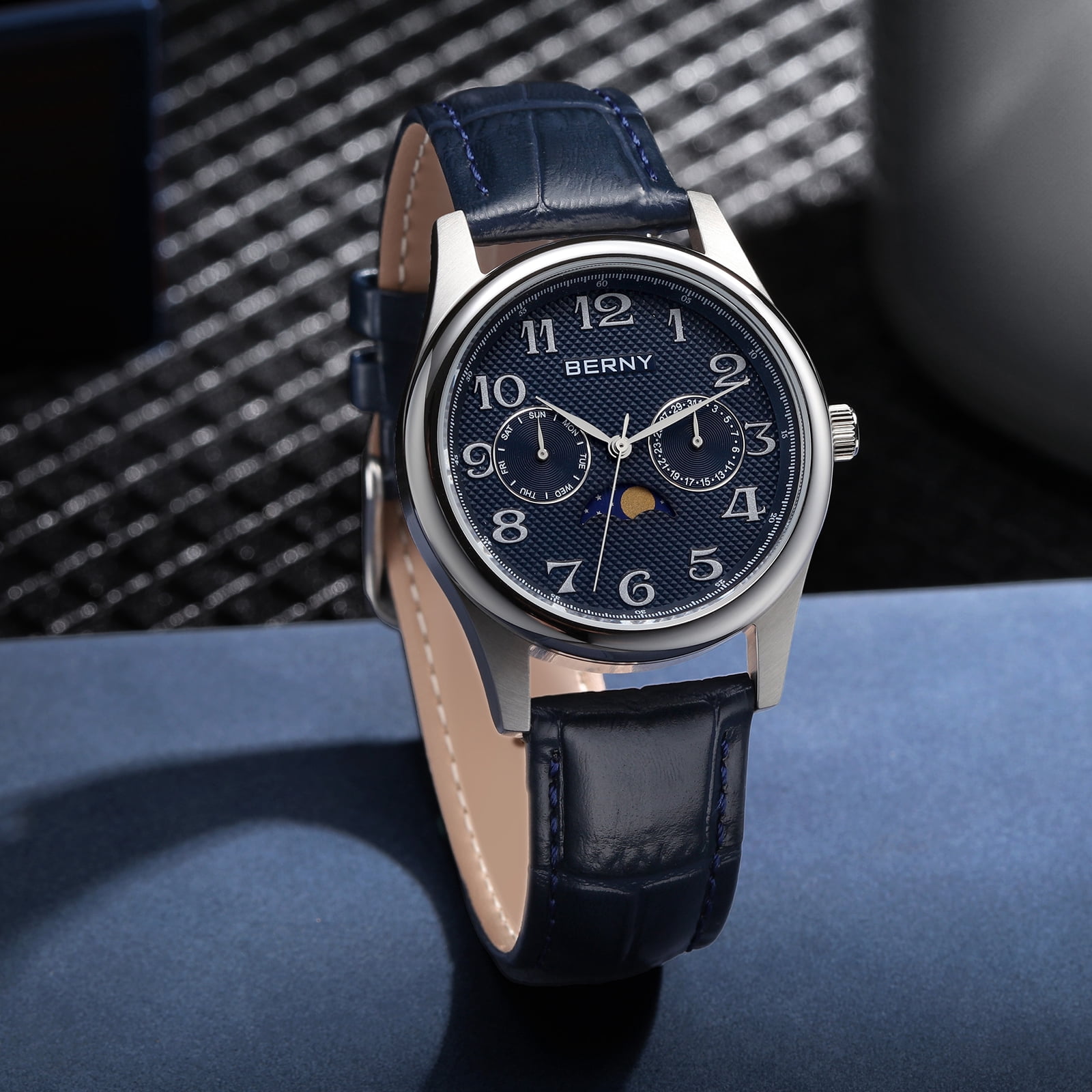 BERNY Dress Watches for Men, MultiFunction Leather Watch with Moon Phase, Day & Date Calendar, Stainless Steel Case, Easy to Read, Waterproof, Classic Analog Quartz Wrist Watch (Blue)