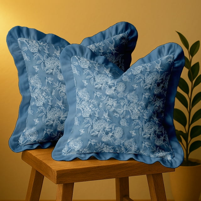 Ensemble de 2 Housses de Coussin en Sergé de Coton Vargottam - Imprimé Floral, 16x16 Housses de Coussin à Volants avec Fermeture Éclair Cachée, Imprimé Réversible, Décor Rustique de Ferme