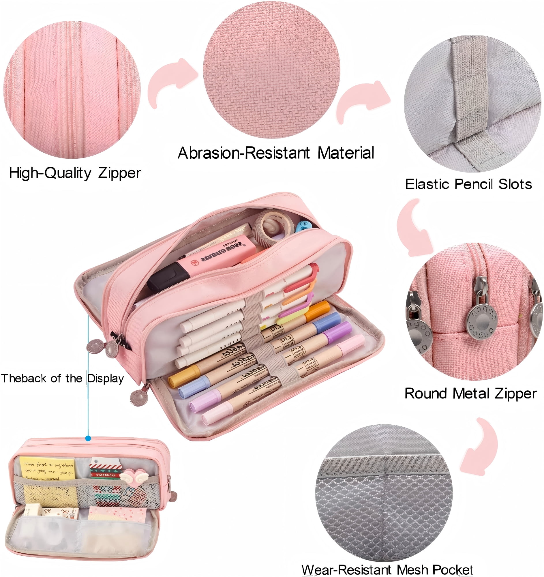 Heluo.Zu Office Pencil Case,Colored Pencils Pouch for Students Stationary,3 Compartments Canvas Pencil Bag Pencil Boxes with Zipper,Pink