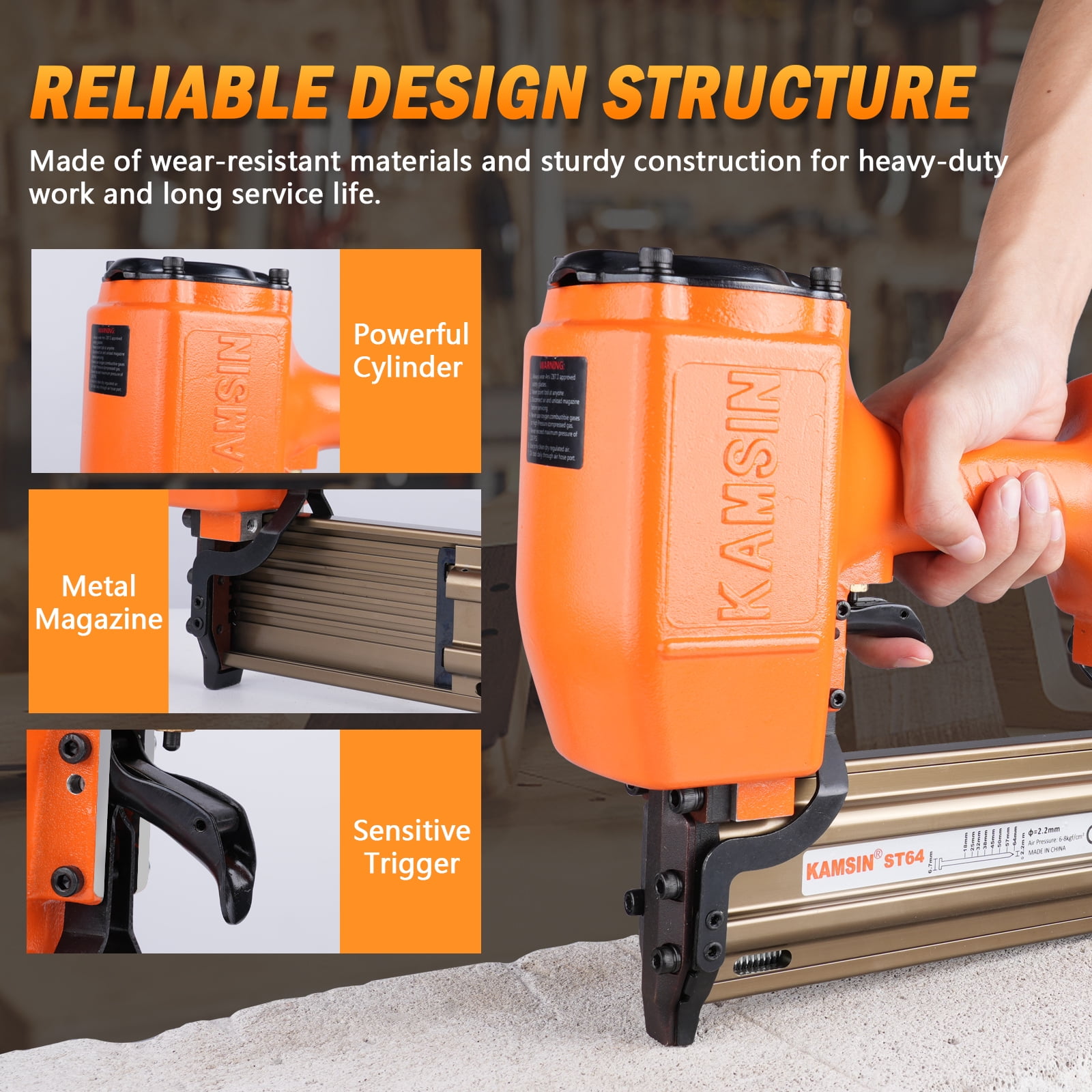 KAMSIN ST64 14 GA Heavy Duty Pneumatic Concrete T Nail Gun, 1'' to 2-1/2'' inch T Nails, Air Power Tool