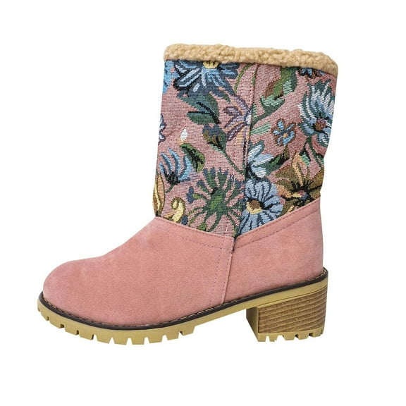 Xfvqtps Womens Winter Booties Floral Embroidered Ankle Boots with Foldable Cuff Soft Faux Suede Chunky Block Heel Comfortable Boots for Women Boho Fashion Pink