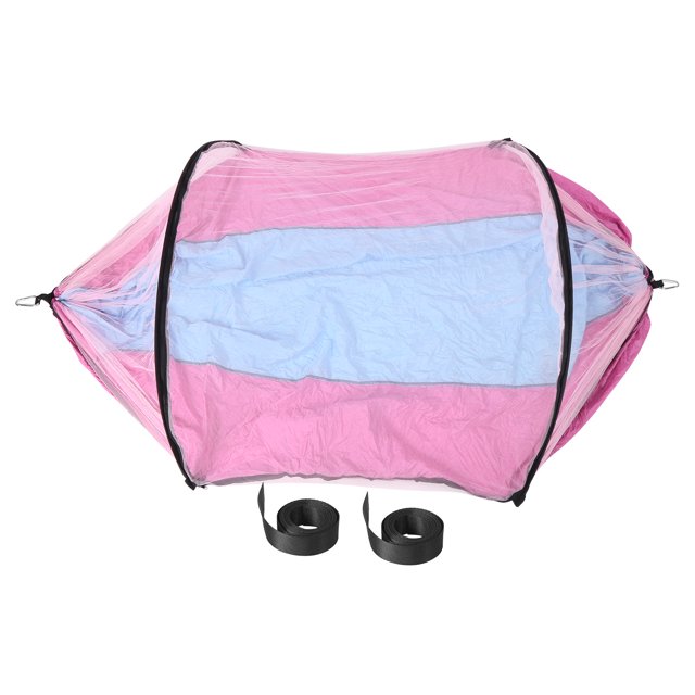 Hamaca antivuelco con mosquitera de tela de paracaídas colgante con puntal automático para exteriores (azul claro y rosa)