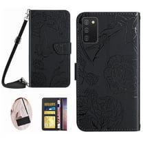 Feishell Crossbody Wallet Cover for Samsung Galaxy A03s,Flower & Butterfly Embossed Pattern PU Leather Magnetic Flip Stand Card Slots Shockproof Phone Case with Shoulder & Wrist Strap,Black