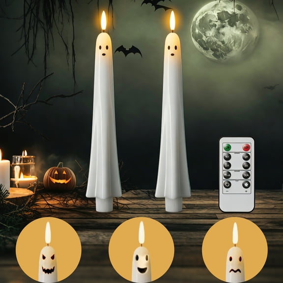 Fwttom Halloween Ghost Flameless Taper Candles Flickering Battery Operated Candles 3D Wick White Real Wax Led Light Halloween Decor