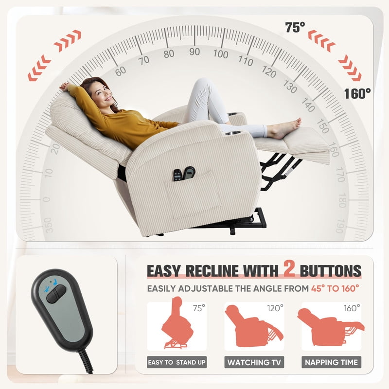 Homall Power Lift Massage Recliner Chair with Eight Vibrating Massages Ergonomic Chair with Side Pocket and Soft Corduroy for Living Room,Beige