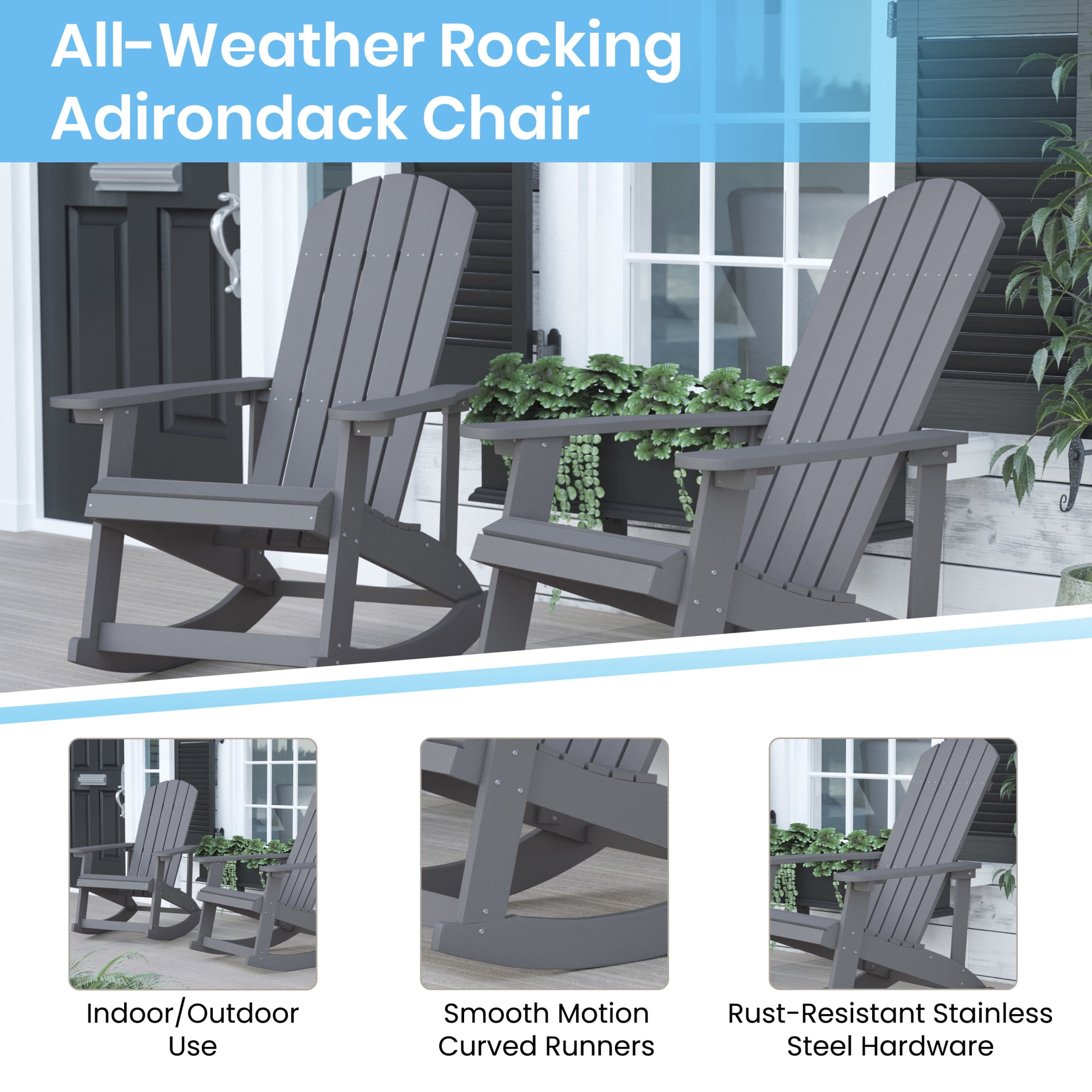 Emma + Oliver Set of 2 Classic All-Weather Poly Resin Rocking Adirondack Chairs in Gray with Matching Side Table for Year Round Use