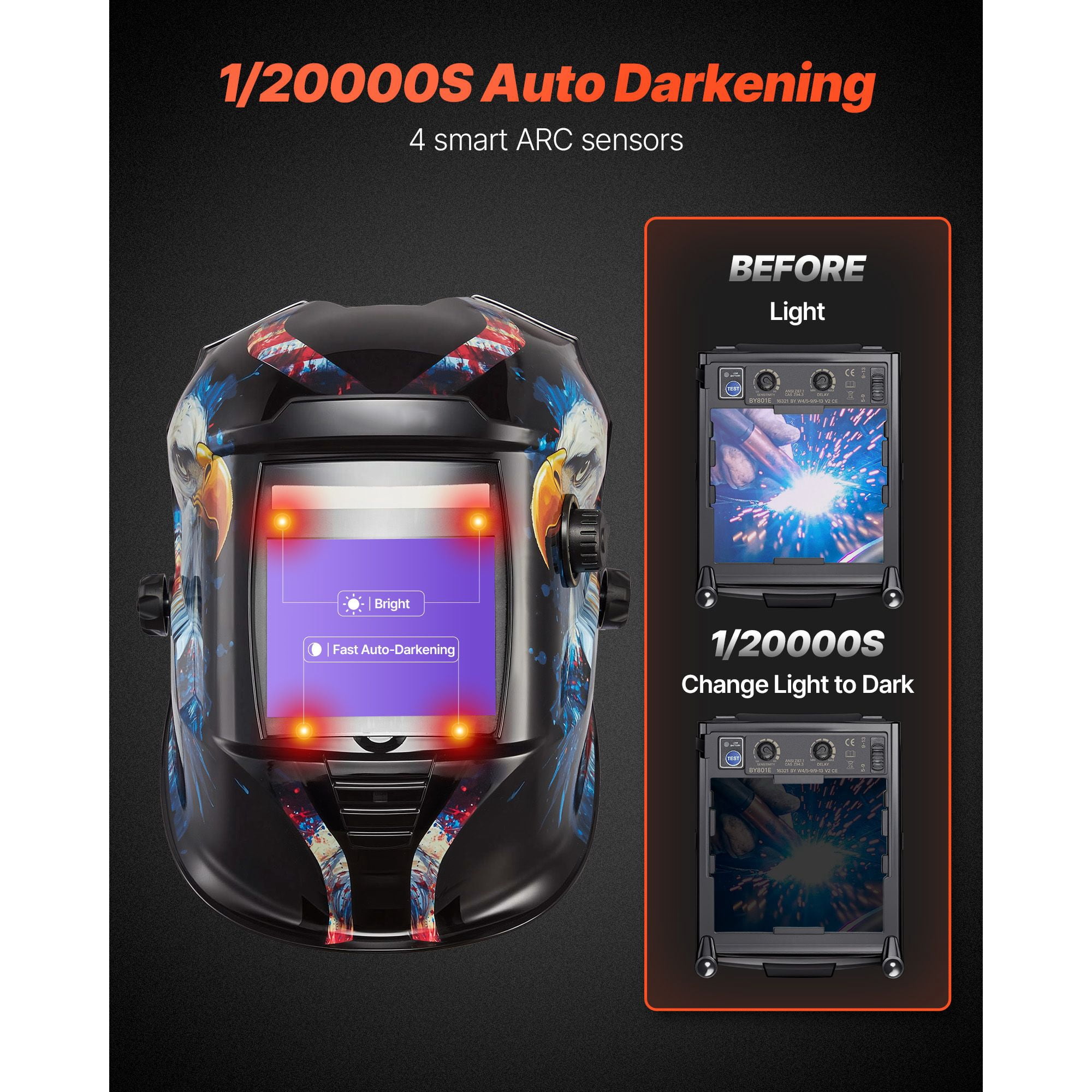 Auto Darkening Welding Helmet, 3.94x3.15 Inch Large True Color Screen, 4 Arc Sensors, 1/20000s Response, DIN 4/5-9/9-13 Adjustable, Solar Powered