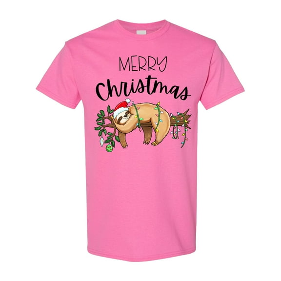 Inktastic Merry Christmas Cute Sloth with Santa Hat and Lights T-Shirt