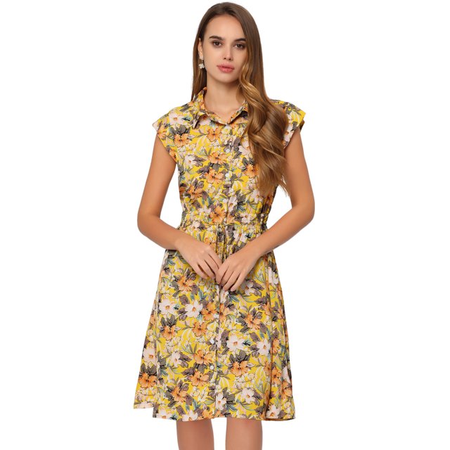 Vestido camisero floral de chifón de verano para mujer, manga casquillo, todos los días, casual, vestidos de cintura elástica ahumados Amarillo XS