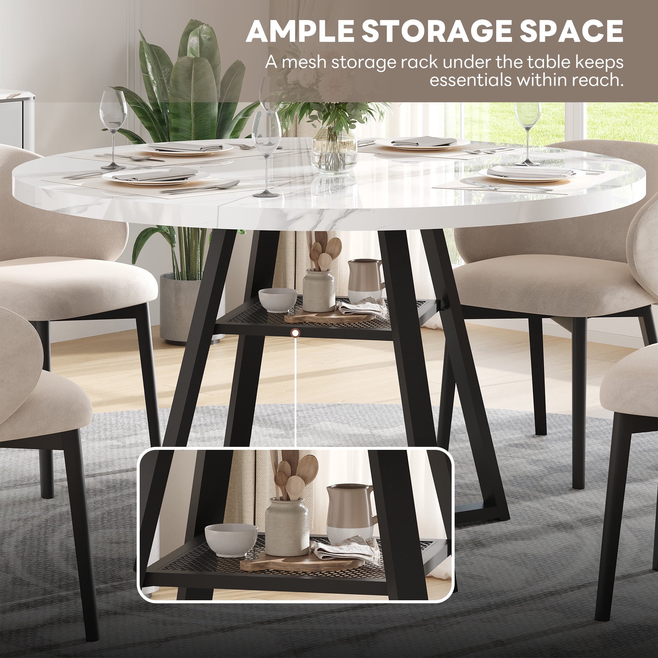 PAPROOS Round Dining Table, 43'' Faux Marble Dining Table with Storage Shelf, Circle Dining Table for Dining Room, Modern Kitchen Table for 4 People, White(Only Table)