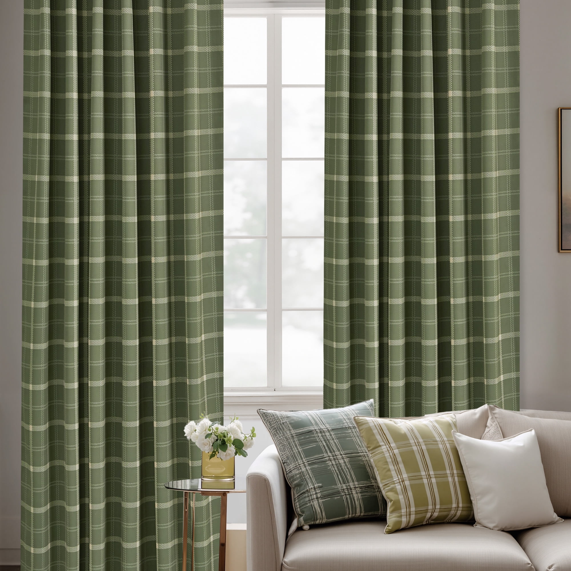 NICETOWN 100% Blackout Green Plaid Curtains for Bedroom Privacy Protect Grommet Thermal Insulated Window Treatment for Living Room, 2 Panels, Moss Green, W52 x L84