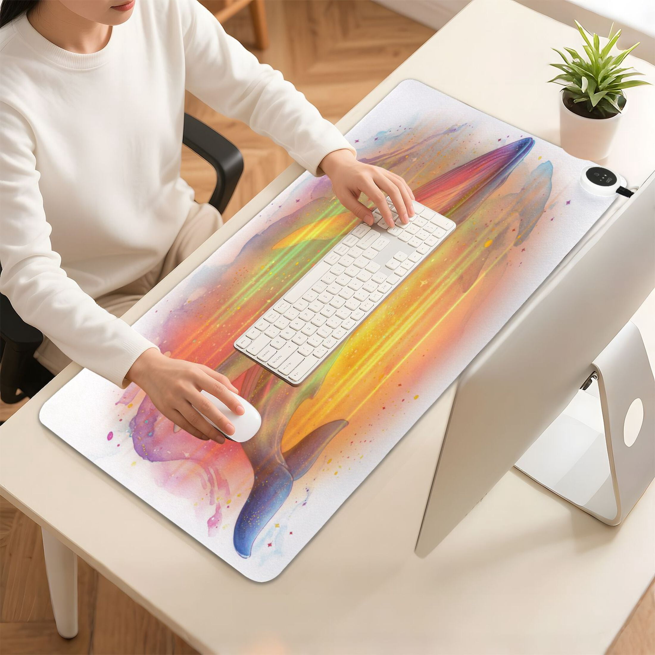 Large Heated Desk Mat Mouse Pad 31.5"x13"PU Leather Graphene Heating Desk Warmer with 3 Temperature Settings 110V US Plug Non-Slip Warm Pad for Home, Office, and Gaming Pastel Galaxy Whale Pattern