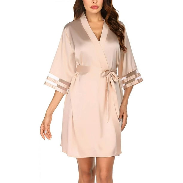 Women's Satin Robe Lightweight Kimono Bathrobe Bell Sleeve Bridesmaid Bride  Party Robes ----- Apricot Size S 