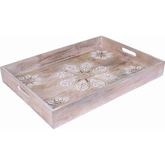 Mela Artisans Rustic Wooden Serving Tray with Handles Decorative Mango Wood Serving Tray in Whitewash Finish Large