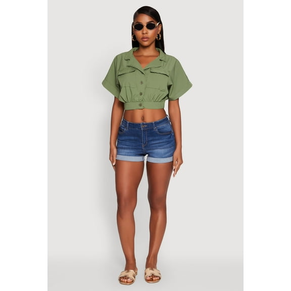 Womens Dolman Sleeve Button Front Shirt Collar Crop Top