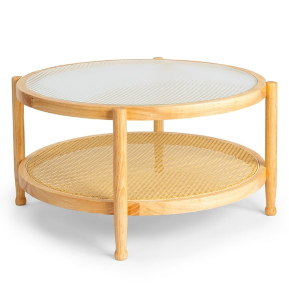 OverPatio 31.5" Round Glass Top Side Table with Rattan Shelf - Rubberwood End Table for Living Room & Patio