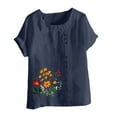 thumbnail image 4 of QUNYINEY Short Sleeve Shirts for Women Trendy Casual Floral Pullover Crew Neck Tops Loose Button Linen Womens Tops, 4 of 4