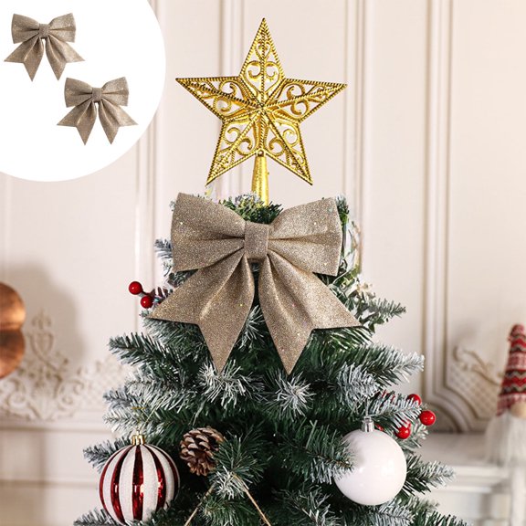 Djiypn Glitter Wired Ribbon Bows with Twist Tie 5.9" Metallic Christmas Bows for Gift Wrapping, Wreath, Garland, Holiday Crafts Party Home Outdoor Christmas Tree Decorations, 2 PCs, Khaki