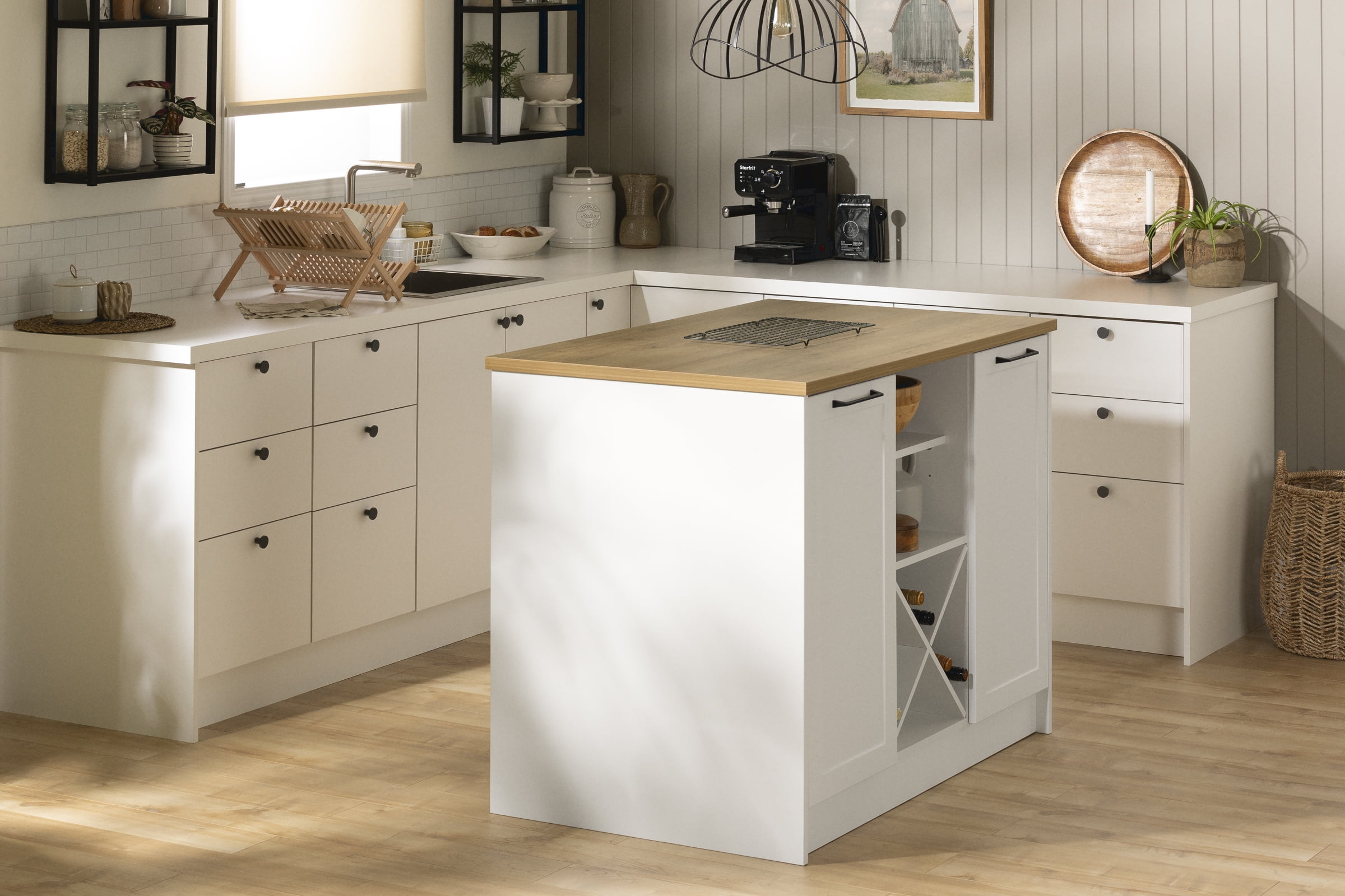 South Shore Toscano 6-Drawer Kitchen Island with Doors and Wine Storage, in White and Maple Nutmeg