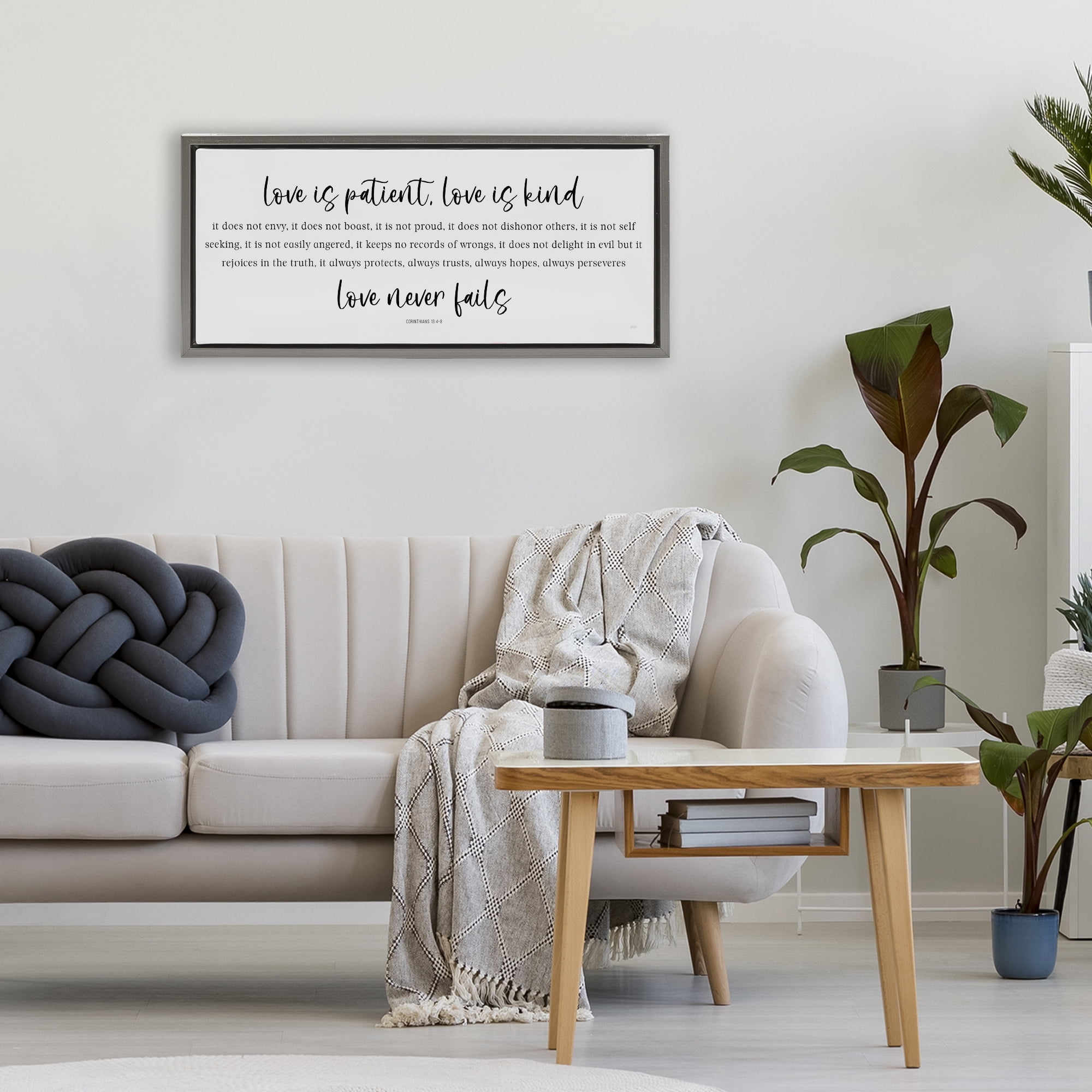 Stupell Industries Love Never Fails Proverb Gray Framed Floater Canvas Wall Art, design by Natalie Carpentieri