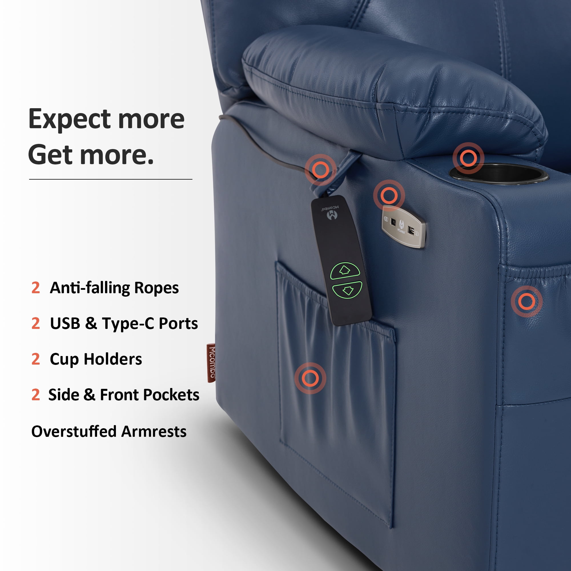 MCombo Large-Wide Power Lift Recliner Chair Sofa with Massage and Heat for Elderly People, Cup Holders, USB&Type C Ports, Side Pockets, Faux Leather (Blue, Large-Wide)