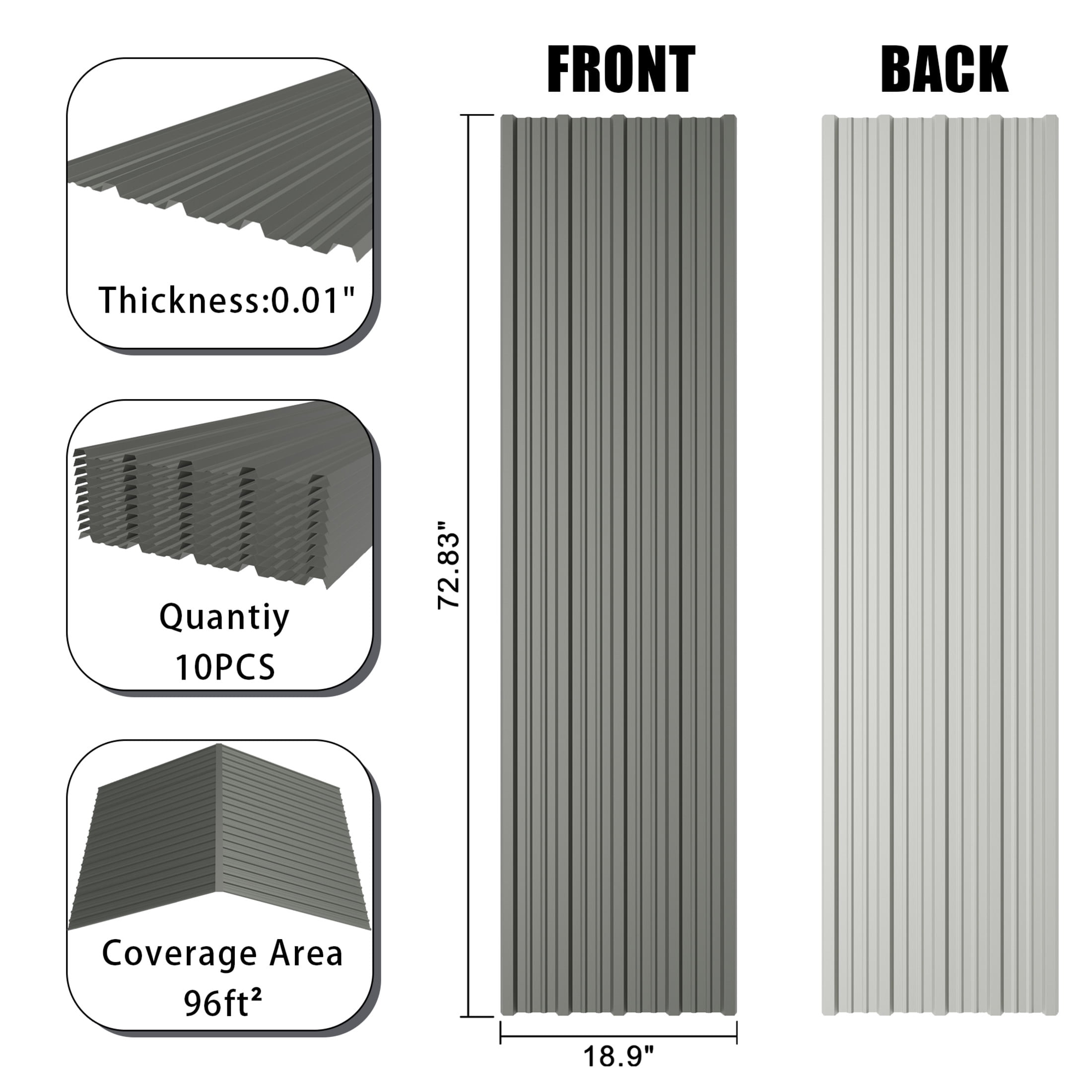 Noble House 10 Pack Corrugated Galvanized Metal Roofing Panels, 18.9" x 72.83" Waterproof Sheets, Gray