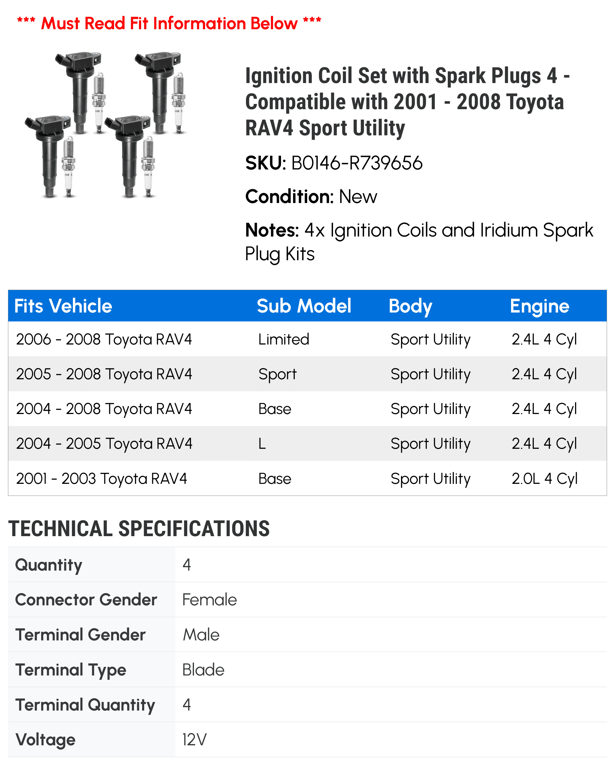Ignition Coil Set with Spark Plugs 4 - Compatible with 2001 - 2008 Toyota RAV4 Sport Utility - Autopart Premium