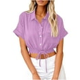 thumbnail image 3 of TAGOLD Summer Casual Tops,Plus Size T-shirt Blouse for Womens, Women's Lapel Short Sleeve Loose Button And Linen Tunic Summer Work Clothes Short Shirt Blouse, 3 of 5