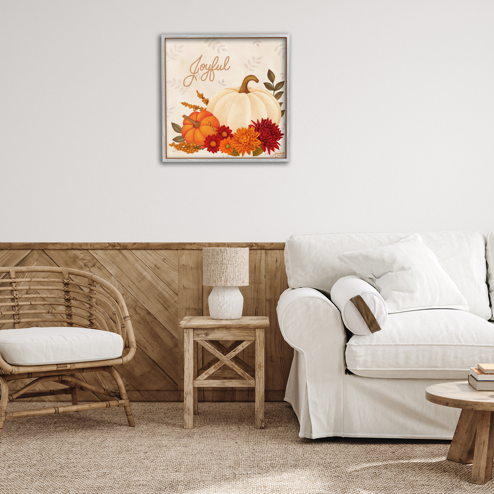 Stupell Industries Joyful Floral Pumpkins Holiday Painting Gray Framed Art Prints Wall Art, 24 x 24